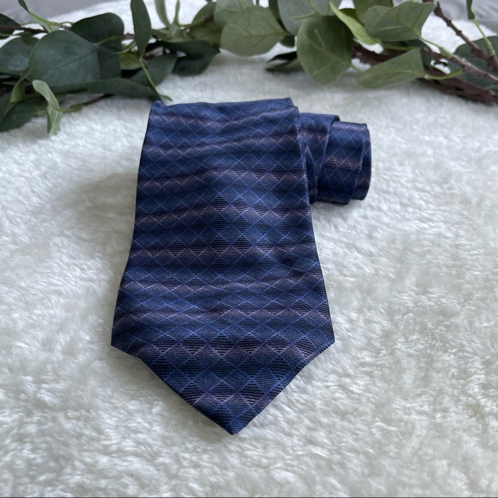 DKNY Blue and Gray Diamond Grid Printed Silk Tie